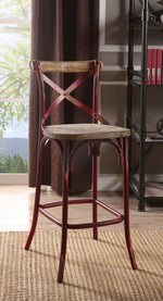 Zaire Antique Red Metal Steel Bar Chair with Wooden Seat