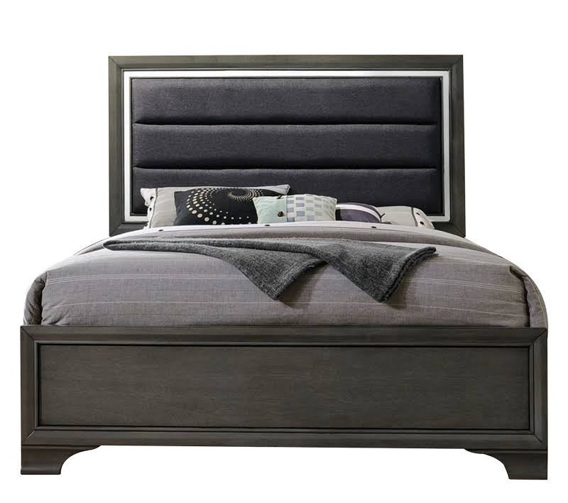 Carine II Gray Fabric/Wood King Panel Bed