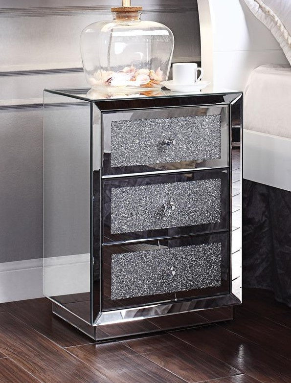 Rekha Mirrored 3-Drawer Nightstand with Faux Crystals Inlay