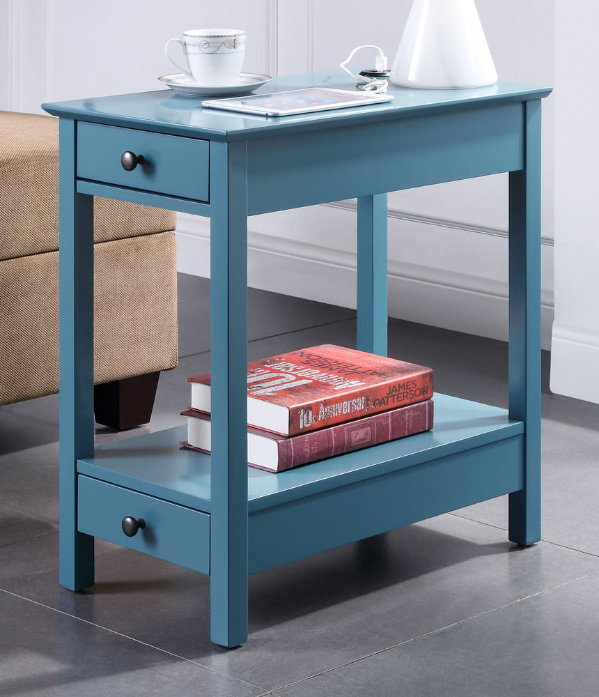 Byzad Teal Wood 2-Drawer Side Table with USB Charging Dock