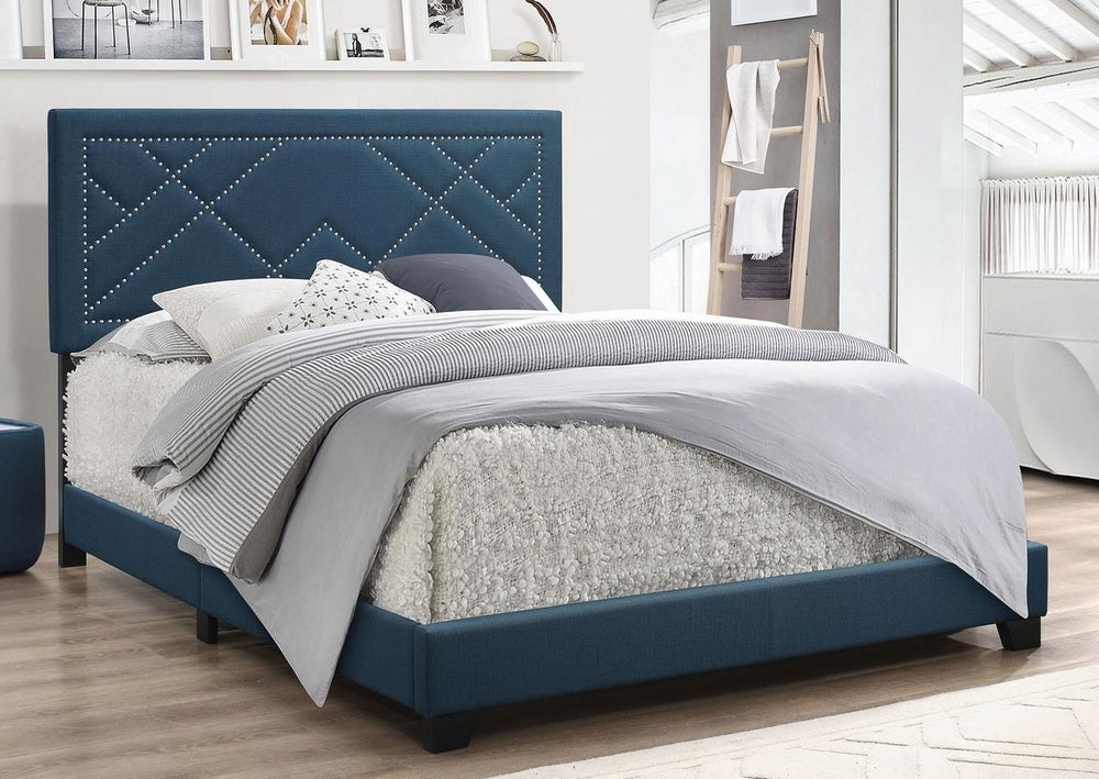 Ishiko Dark Teal Fabric King Bed with Nailhead Trim