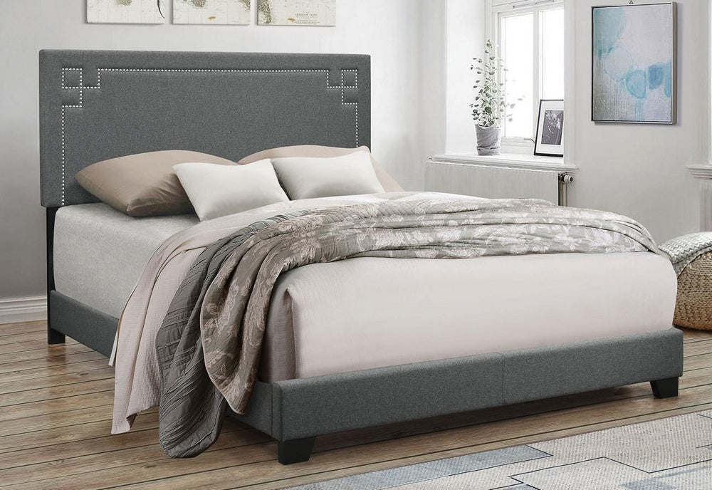 Ishiko III Gray Fabric Queen Bed with Nailhead Trim