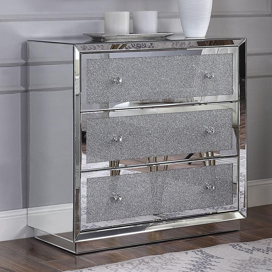 Rekha Mirrored 3-Drawer Cabinet with Faux Crystals Inlay