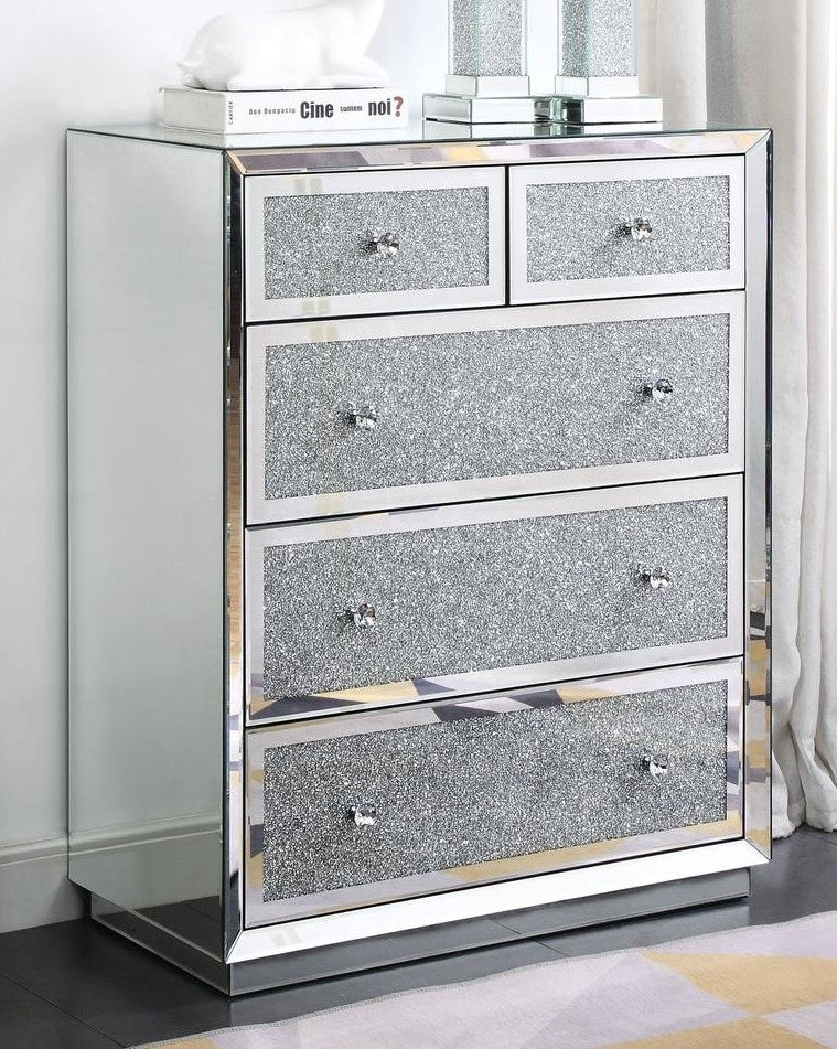 Rekha Mirrored 5-Drawer Cabinet with Faux Crystals Inlay