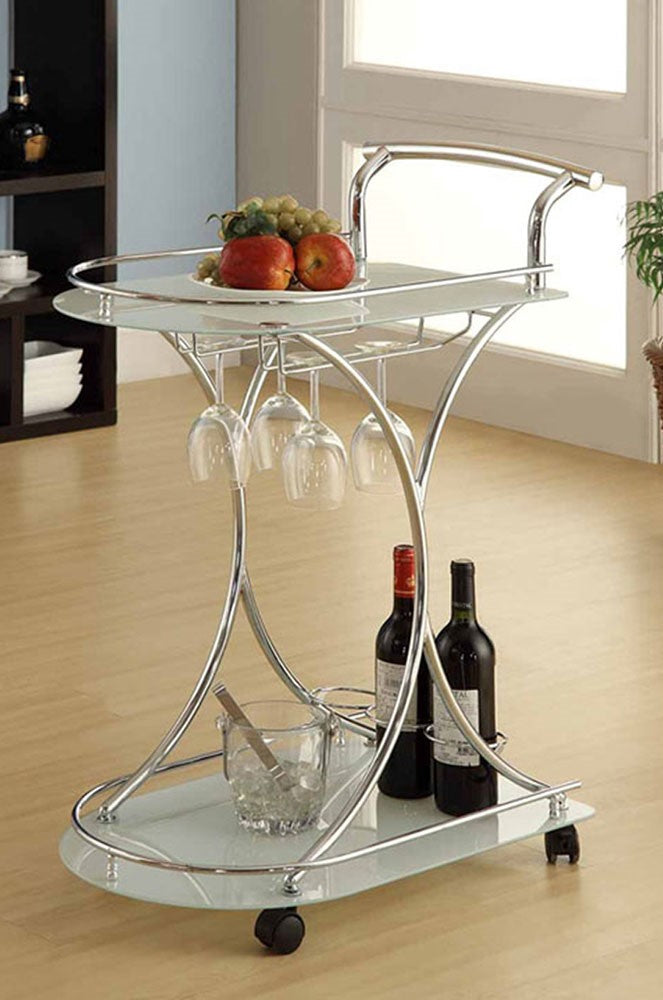 Susana Chrome Metal/White Glass Serving Cart