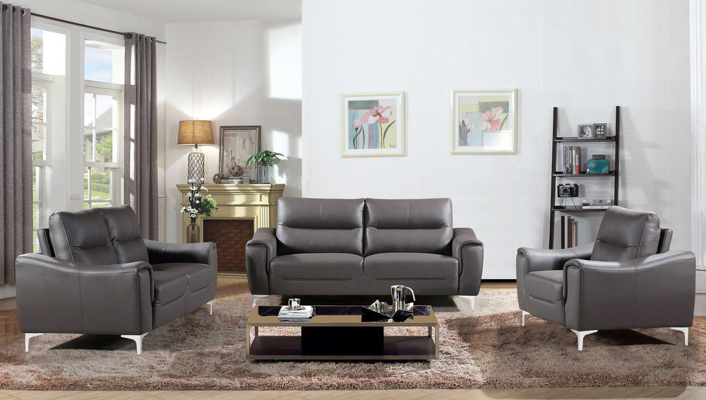 Rachel 3-Pc Gray Leather Sofa Set w/Curved-Padded Arms