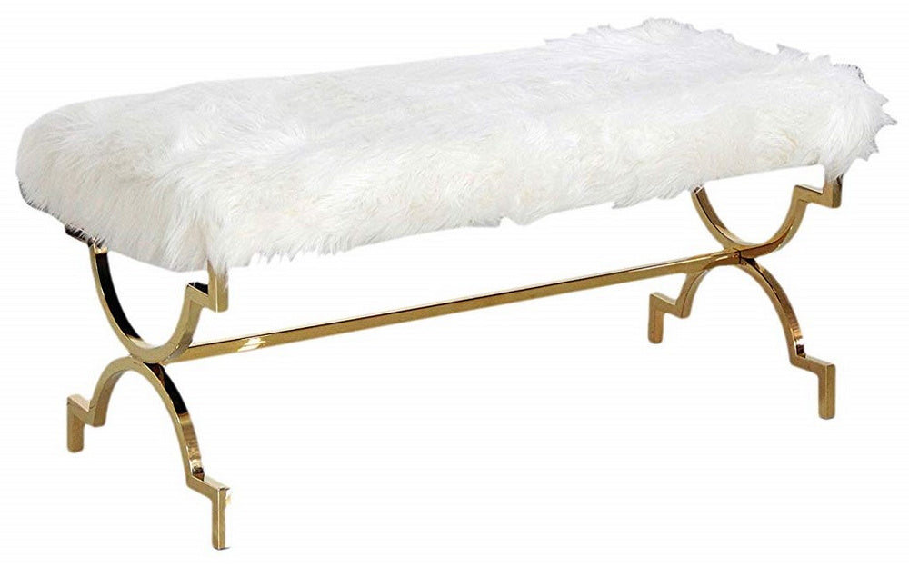 Emerson White Faux Fur/Gold Accent Bench