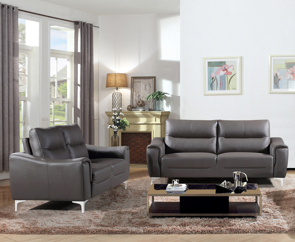 Rachel 2-Pc Gray Leather Sofa Set w/Curved-Padded Arms