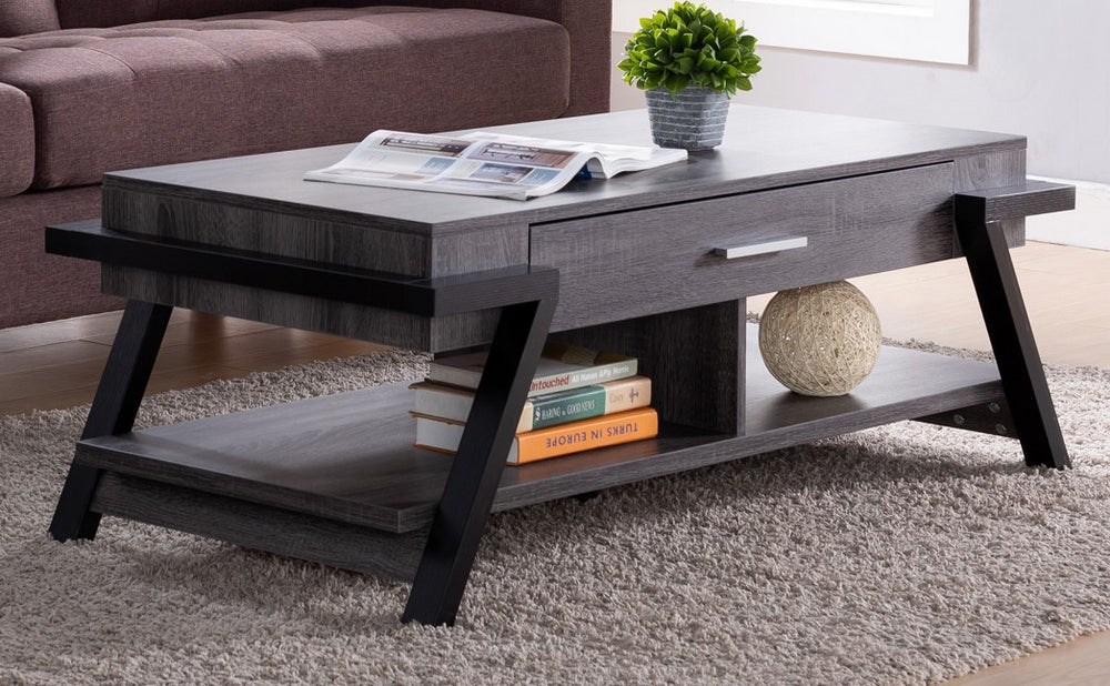 Soline Distressed Grey/Black Wood Coffee Table with Shelf