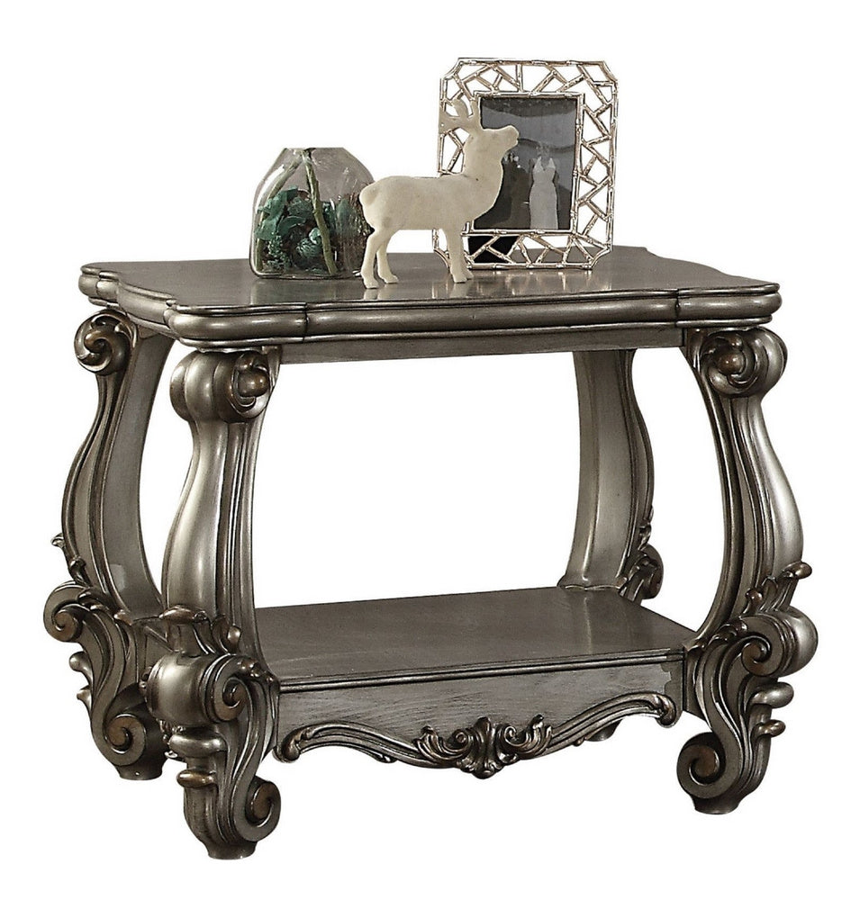 Versailles Antique Platinum Wood End Table with Bottom Shelf