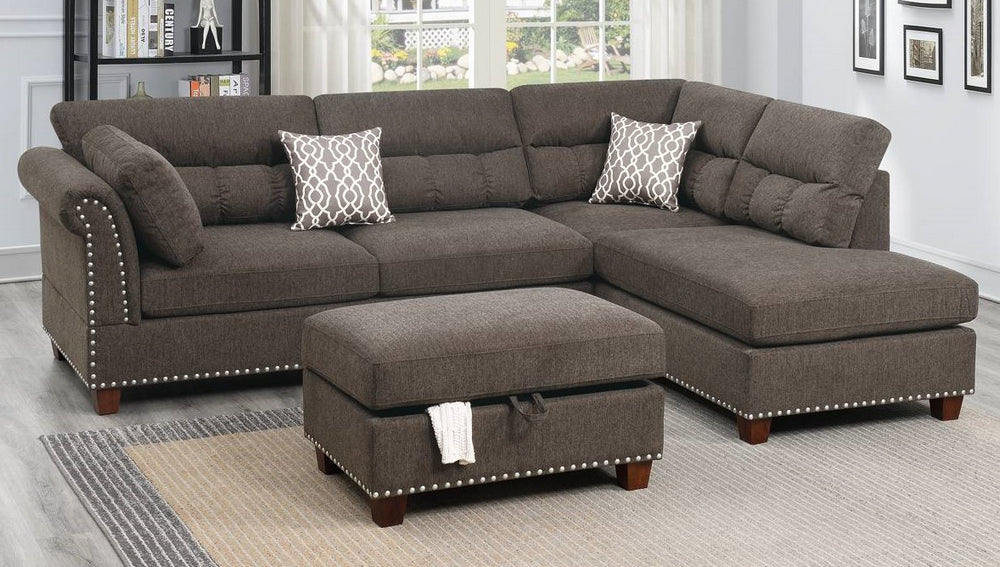 Luana Tan Velvet Fabric Reversible Sectional with Ottoman