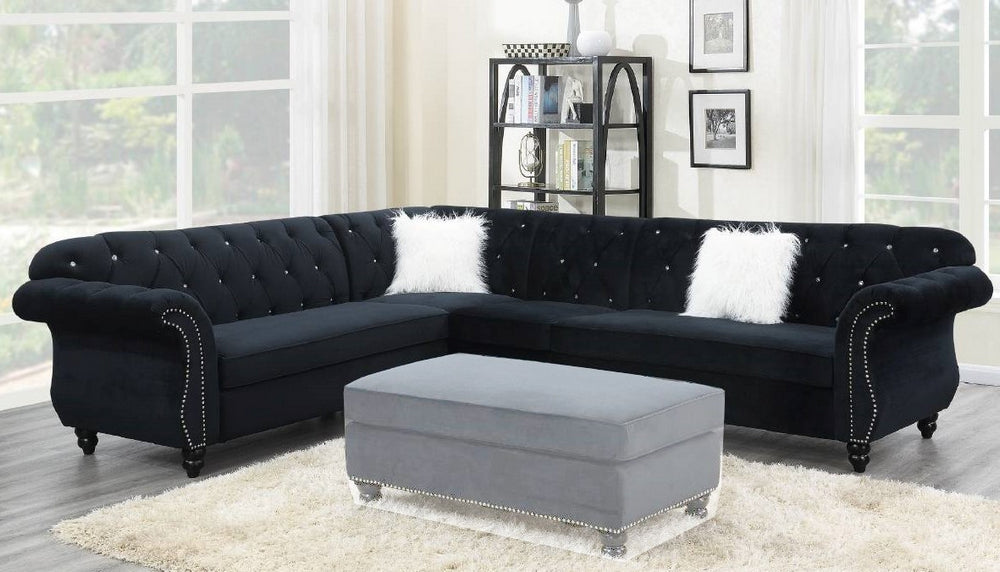 Ginger 4-Pc Black Velvet Sectional Sofa with Nailheads