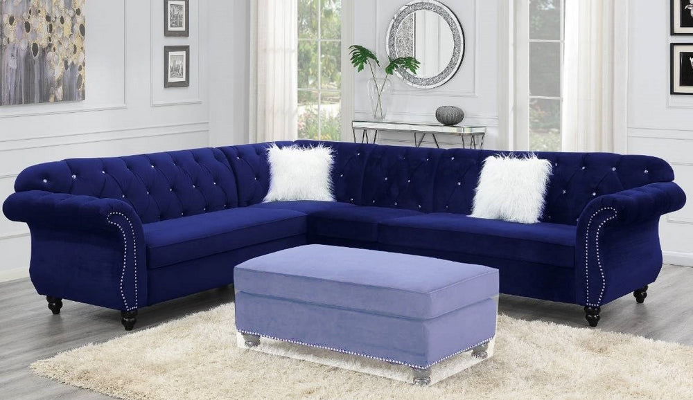 Ginger 4-Pc Indigo Velvet Sectional Sofa with Nailheads