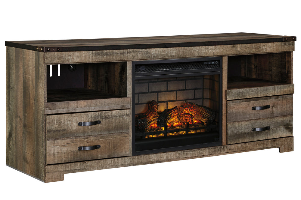 Trinell Rustic Brown Wood LG TV Stand with Infrared Fireplace Insert