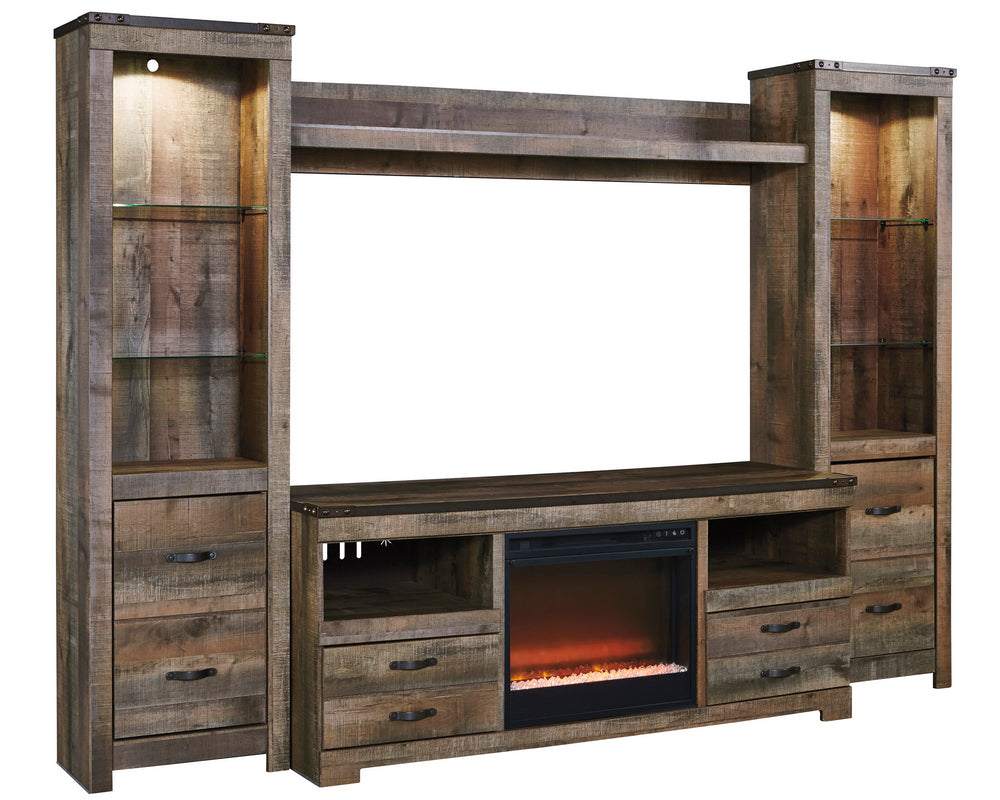 Trinell Rustic Brown Wood Entertainment Center with Fireplace Insert