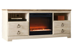 Willowton Whitewash Wood Large TV Stand with Fireplace Insert