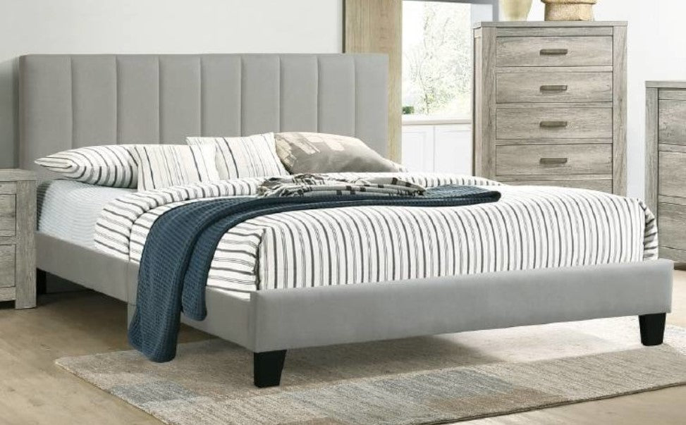 Terry Grey Polyfiber Fabric Tufted Queen Bed