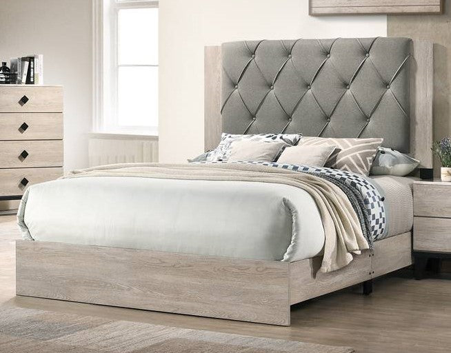 Kristine Light Grey Fabric/Cream Wood Queen Panel Bed