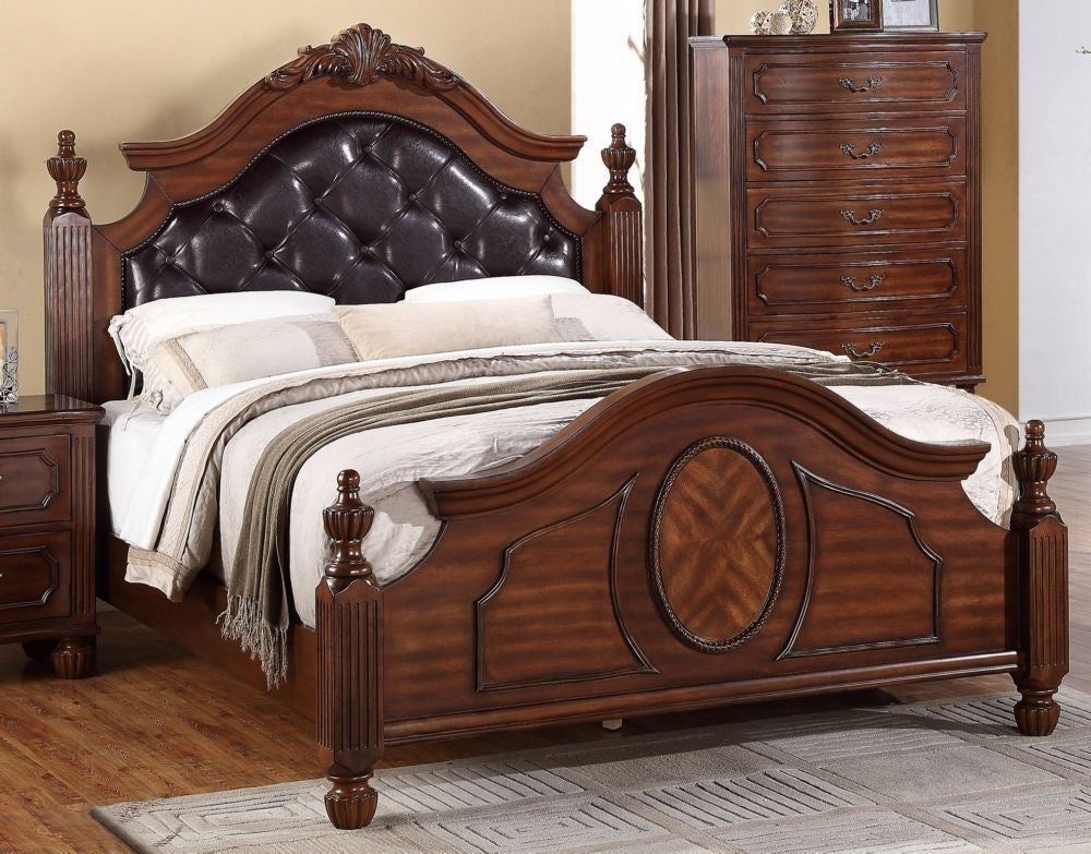 Katalin Cherry Wood/Faux Leather Queen Bed