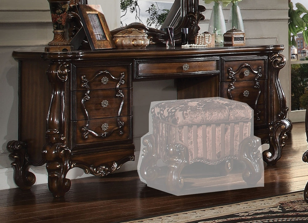 Versailles Cherry Oak Wood Vanity Desk with Poly Resin Decor