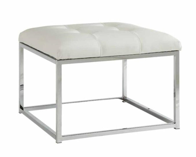 Abonee White Leatherette Ottoman with Chrome Frame