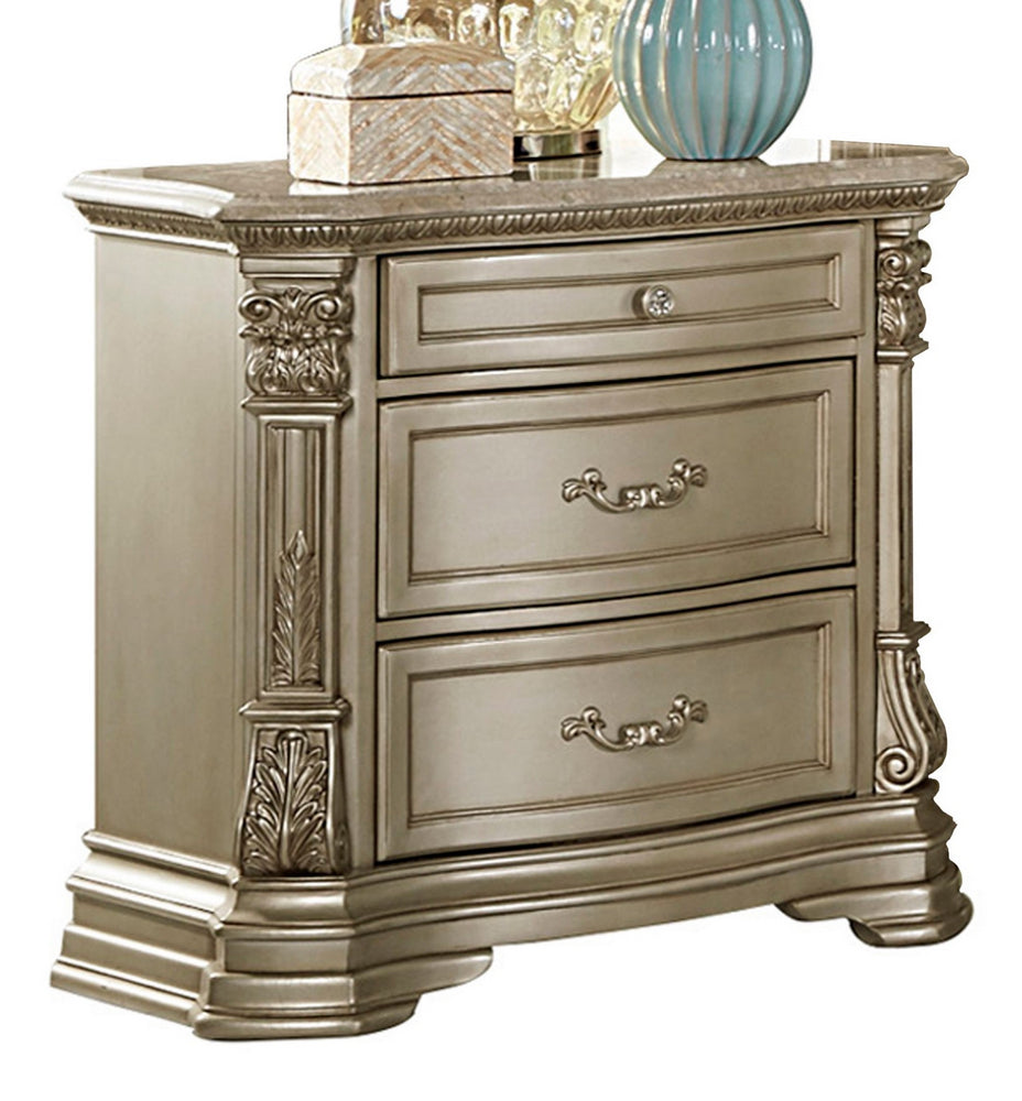 Antoinetta Champagne Wood/Marble 3-Drawer Nightstand