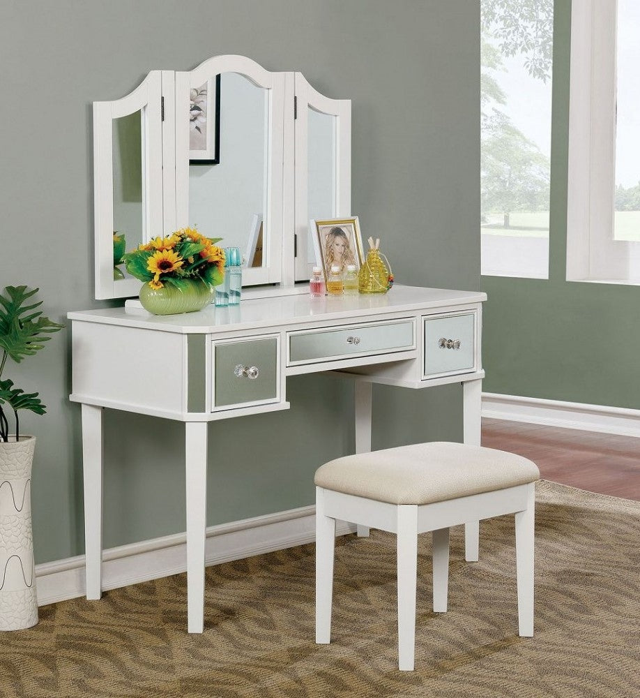 Clarisse White Wood Vanity with Mirror & Stool