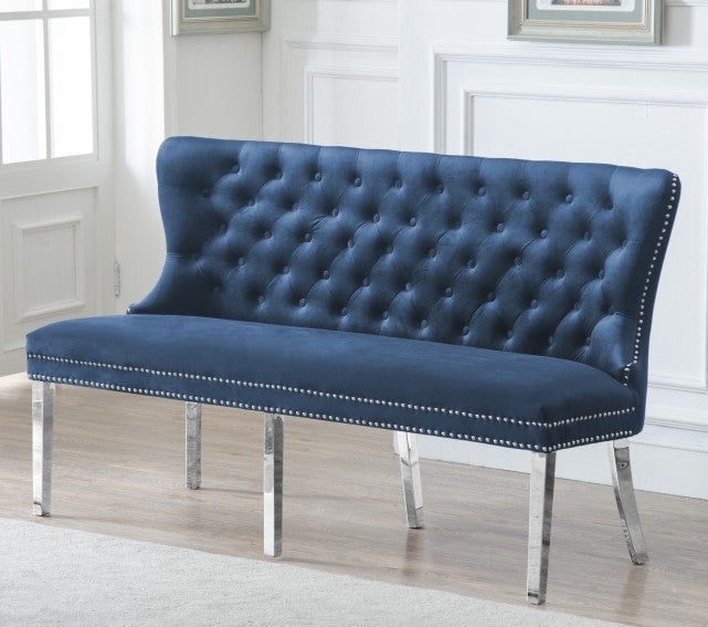 Dusty Navy Blue Velvet Fabric Accent Bench