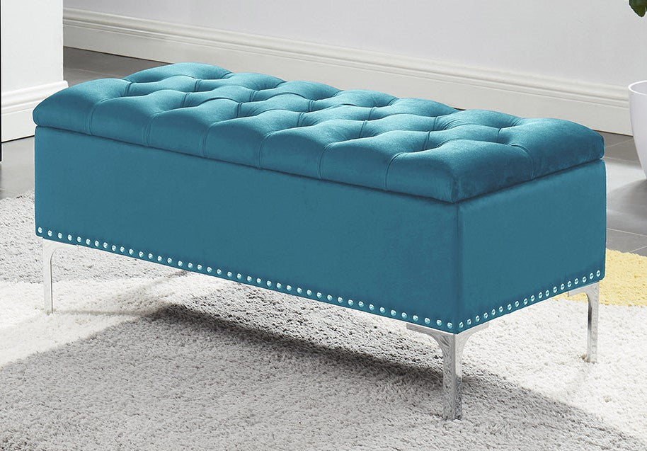 Floella Blue Velvet Tufted Accent Bench with Storage