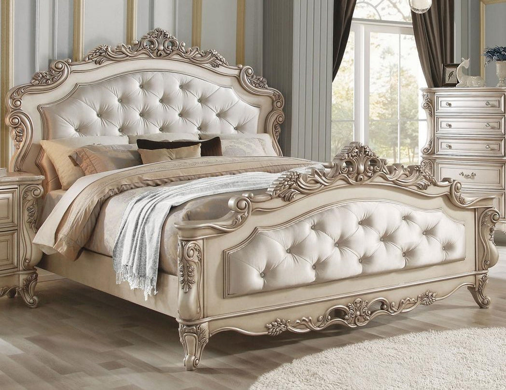 Gorsedd Antique White Wood Queen Bed with Cream Fabric Headboard