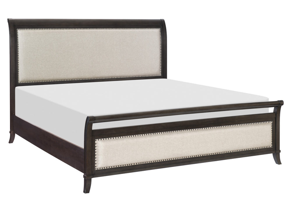 Hebron Dark Cherry Wood/Beige Fabric Cal King Bed