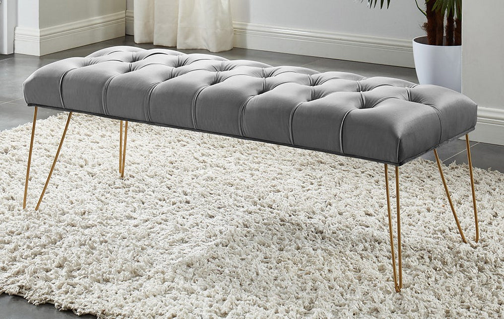 Honor Grey Velvet/Gold Tufted Accent Bench