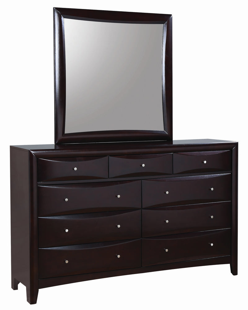 Phoenix Cappuccino Wood 9-Drawer Dresser with Mirror