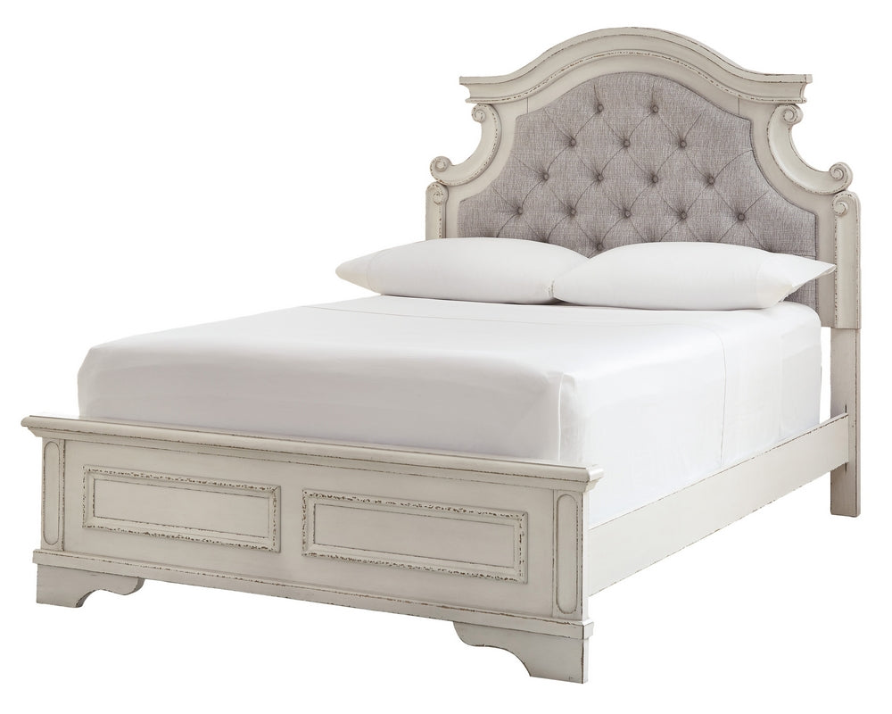 Realyn Neutral Fabric/Chipped White Wood Full Panel Bed