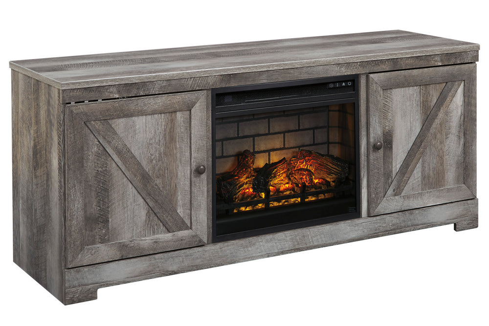 Wynnlow Rustic Gray Wood LG TV Stand with Infrared Fireplace Insert