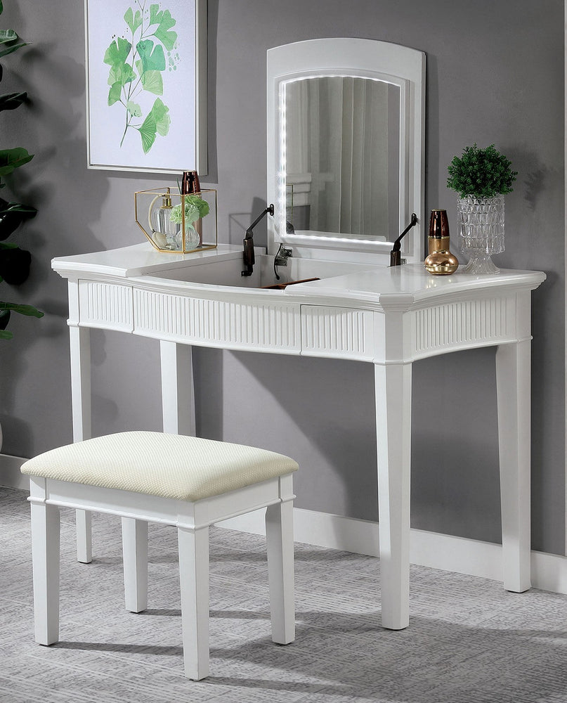 Stina 3-Pc White Wood/Ivory Fabric Vanity Set