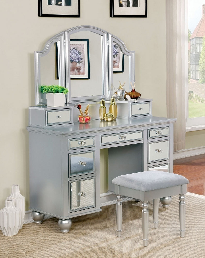 Tracy Silver Wood Vanity with Mirror & Stool