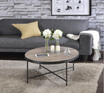 Bage Weathered Gray Oak Wood Round Coffee Table with Metal Trim