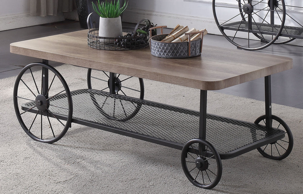 Francie Oak & Antique Gray Metal/Wood Coffee Table with Shelf