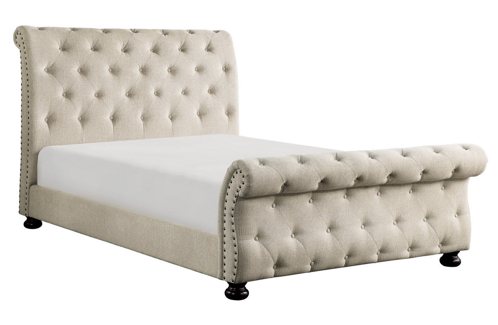 Crofton Beige Fabric Button Tufted Queen Bed