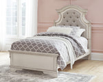 Realyn Neutral Fabric/Chipped White Wood Twin Panel Bed