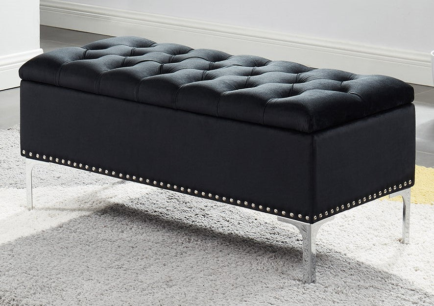 Floella Black Velvet Tufted Accent Bench with Storage