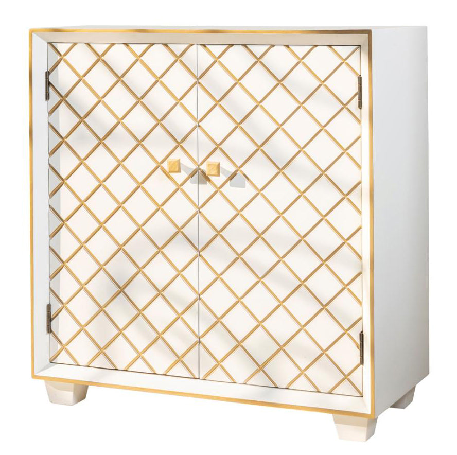 Luna White Accent Cabinet with Gold Painted Lattice Design