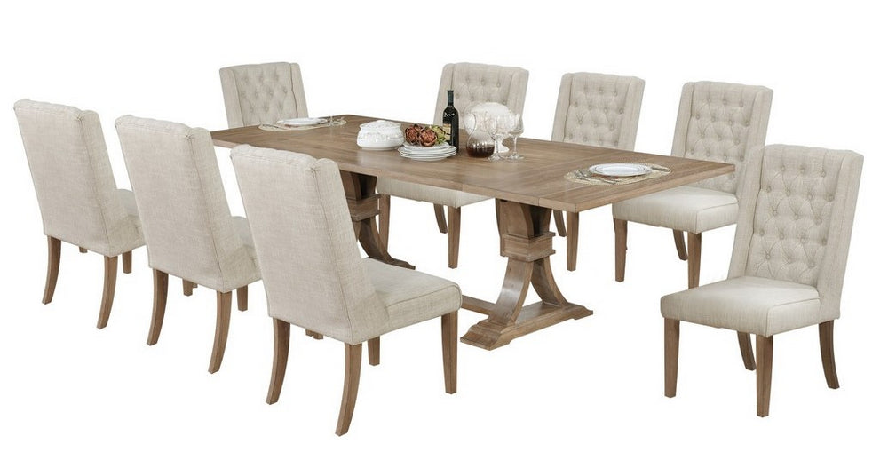 Marla 9-Pc Beige Wood/Linen Dining Table Set