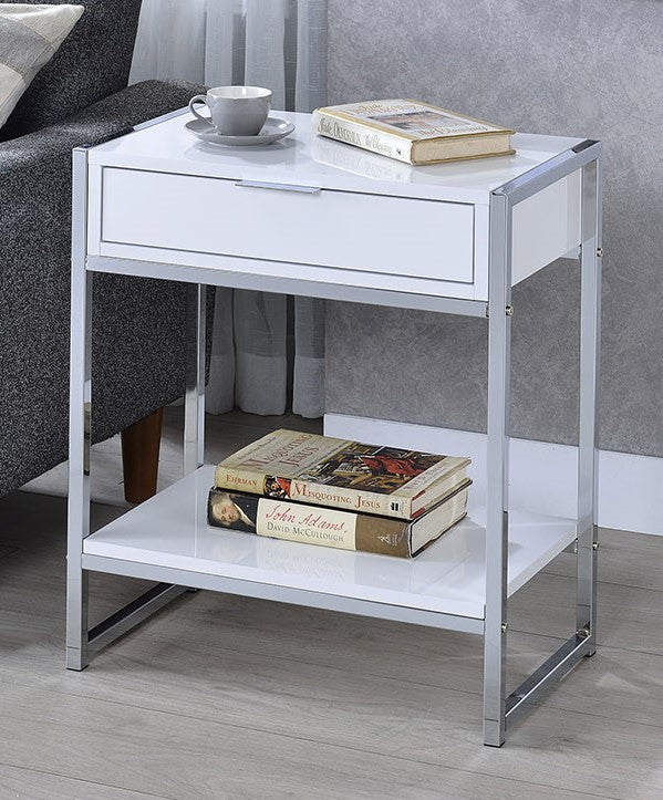 Lettie Glossy White Wood/Chrome Metal End Table