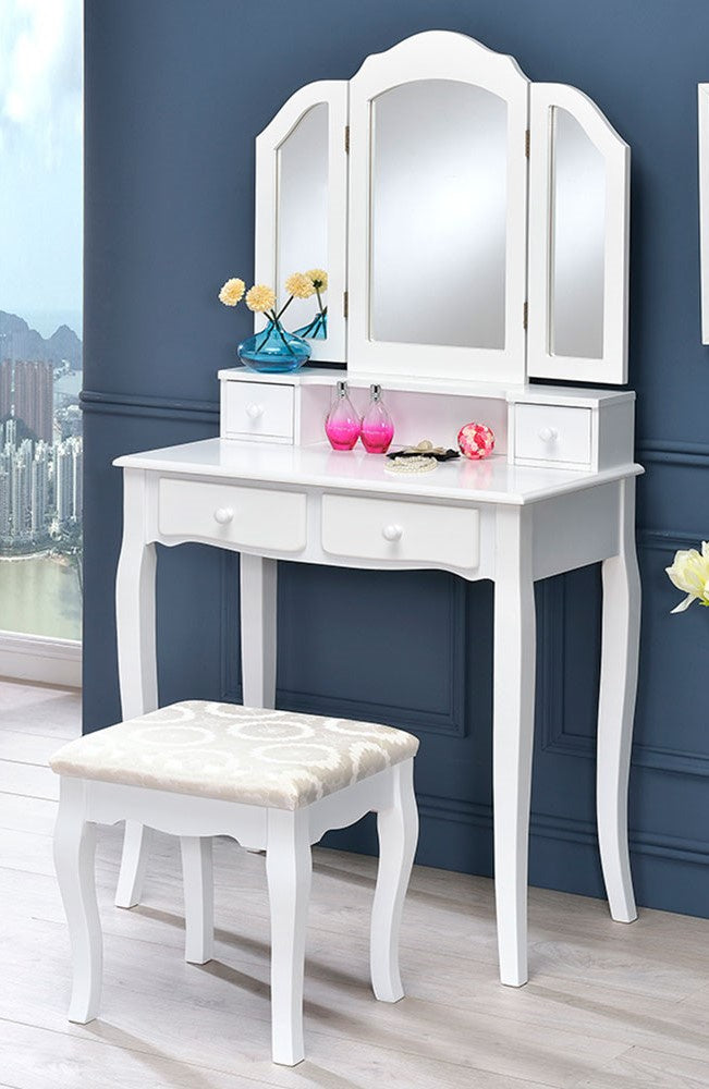 Cintia White Wood Vanity Table w/Mirror & Stool