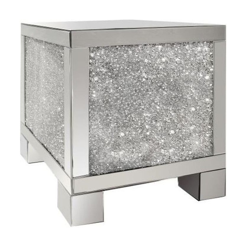 Jurnee Clear Mirror End Table with Encrusted Crystals