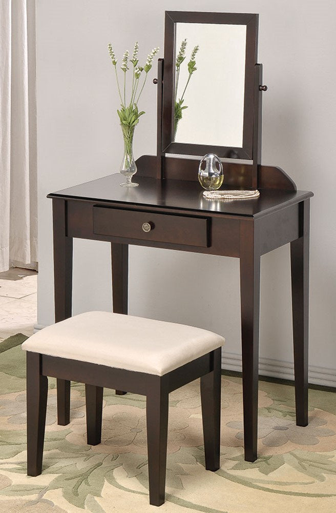 Rosette Espresso Wood Vanity w/Mirror & Stool