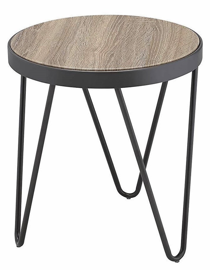 Bage Weathered Gray Oak Wood Round End Table with Metal Trim