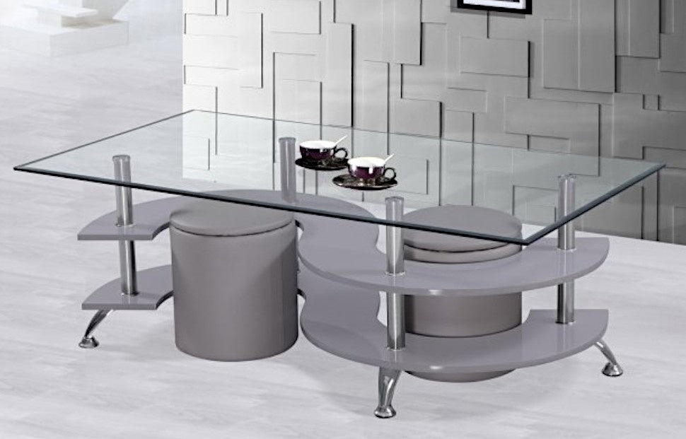 Ariane Gray Wood Coffee Table with 2 Stools